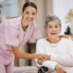 Women,,Senior,Or,Wheelchair,Support,In,Nursing,Home,,House,Living