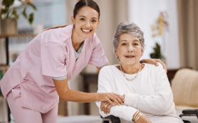 Women,,Senior,Or,Wheelchair,Support,In,Nursing,Home,,House,Living