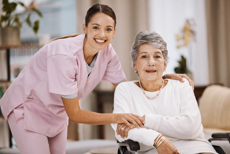 Women,,Senior,Or,Wheelchair,Support,In,Nursing,Home,,House,Living