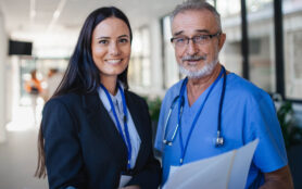 Portrait,Of,Elderly,Doctor,And,Business,Woman,At,Hospital,Corridor.