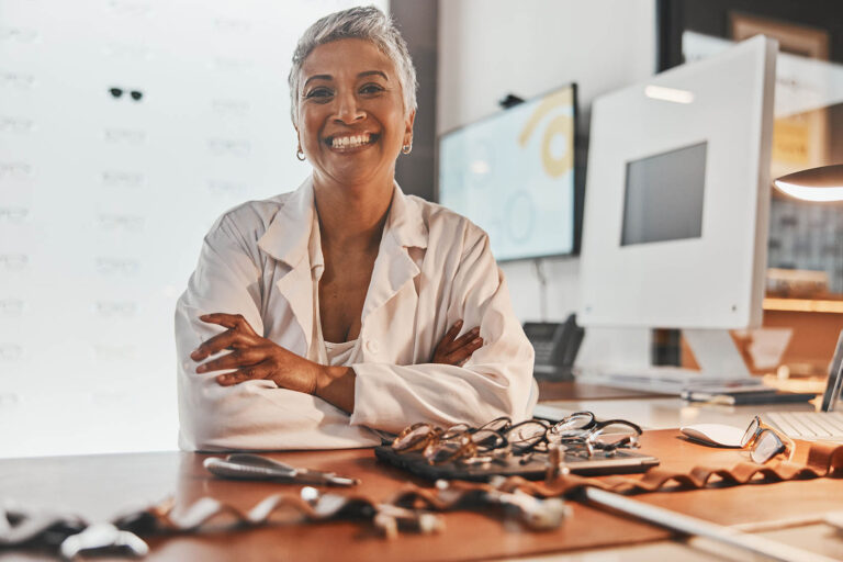 Senior,Optometrist,Woman,,Portrait,And,Office,With,Glasses,,Smile,Or
