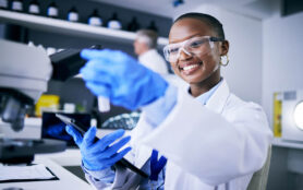 Black,Woman,,Test,Tube,Or,Happy,Scientist,With,Tablet,For