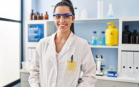 Young,Beautiful,Hispanic,Woman,Scientist,Smiling,Confident,Standing,At,Laboratory